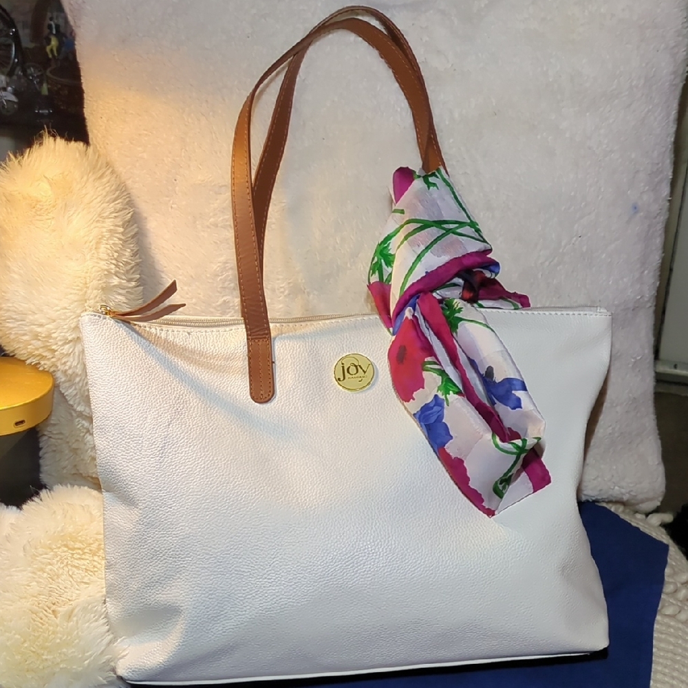 Joy Mangano White Tote with Brown Handles and Floral Scarf and Matching Wallet